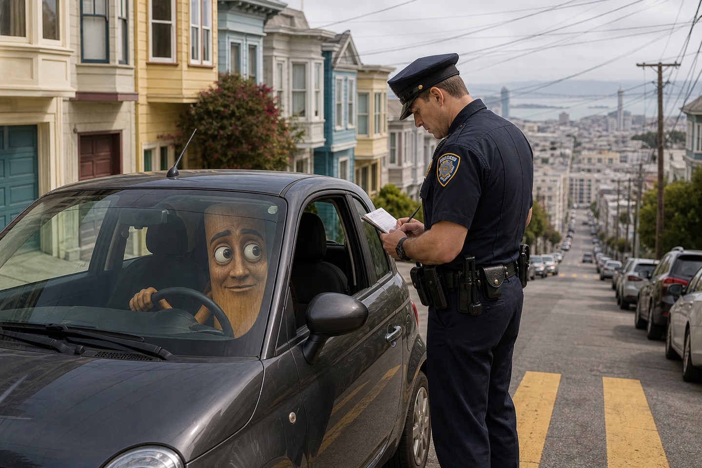 A parking officer writing a citation beside a car stopped on a steep San Francisco street